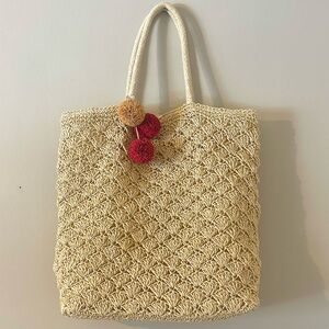 Haute Hippie Straw Woven Tote Bag with Pom Detail – Large Summer Beach Bag
